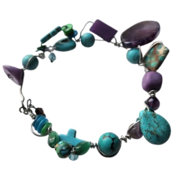 Hand-Crafted Wire Wrapped Purple & Turquoise Gemstone Bangle Cross Bracelet - Picture 10 of 10